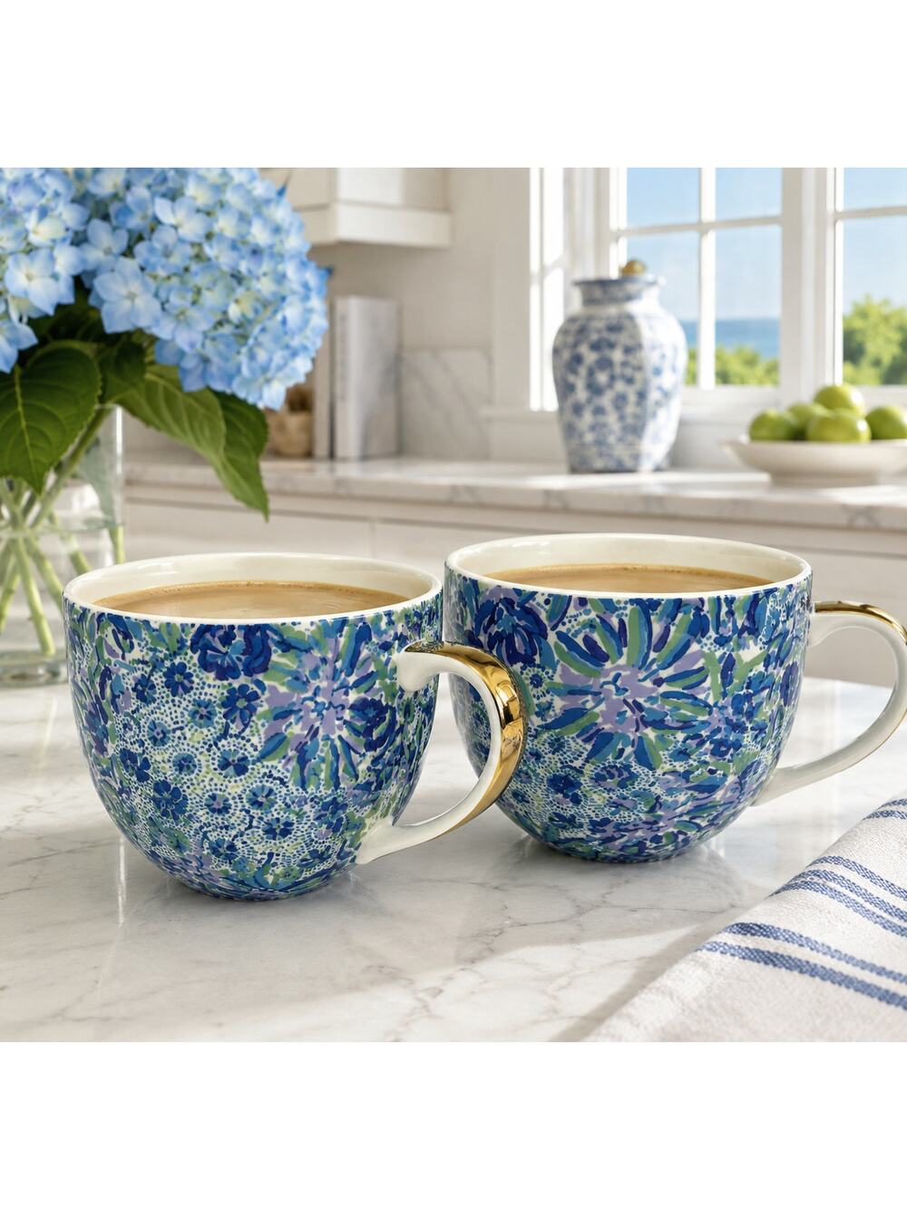 Lilly Pulitzer Set of 2 Blue Floral Gold Handle Coffee Tea Mugs Cups